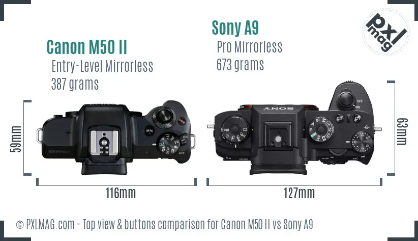 Canon M50 II vs Sony A9 top view buttons comparison
