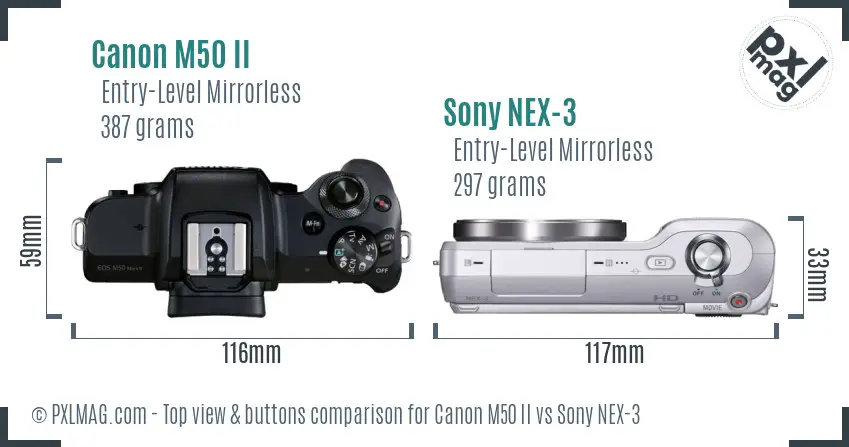Canon M50 II vs Sony NEX-3 top view buttons comparison