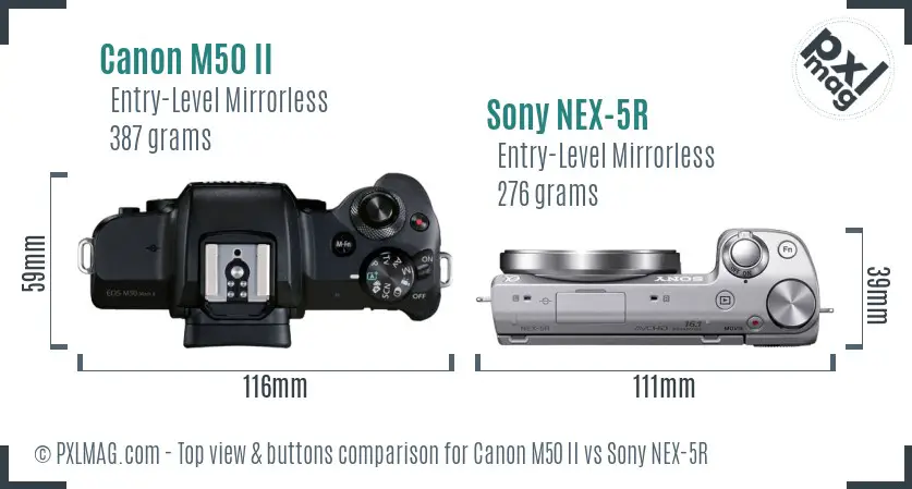 Canon M50 II vs Sony NEX-5R top view buttons comparison