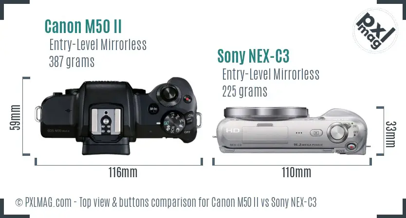 Canon M50 II vs Sony NEX-C3 top view buttons comparison