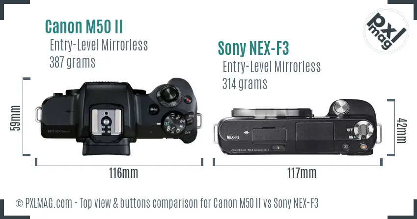Canon M50 II vs Sony NEX-F3 top view buttons comparison