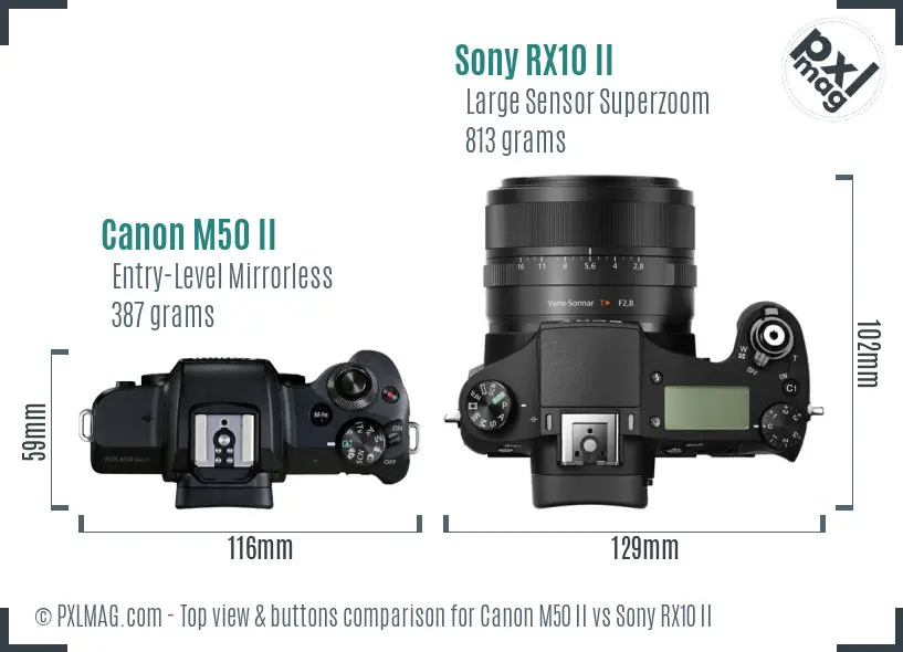 Canon M50 II vs Sony RX10 II top view buttons comparison
