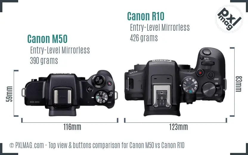 Canon M50 vs Canon R10 top view buttons comparison