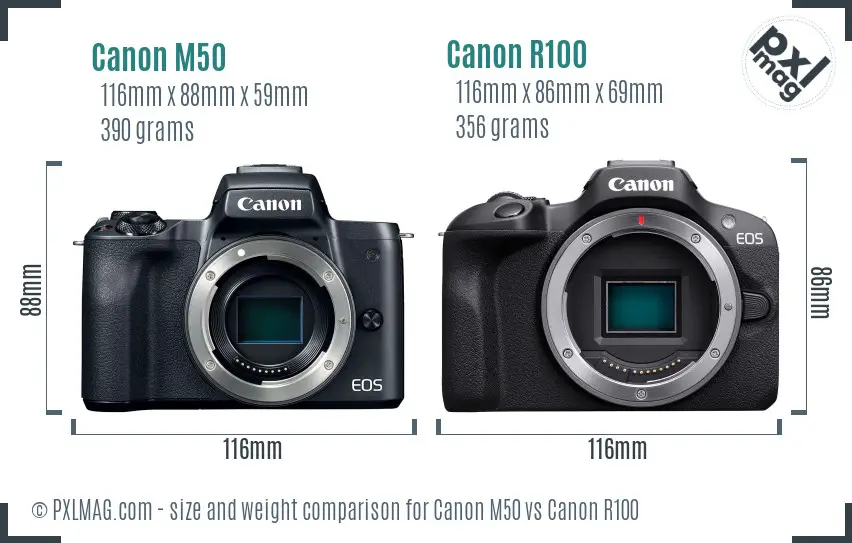 Canon M50 vs Canon R100 size comparison