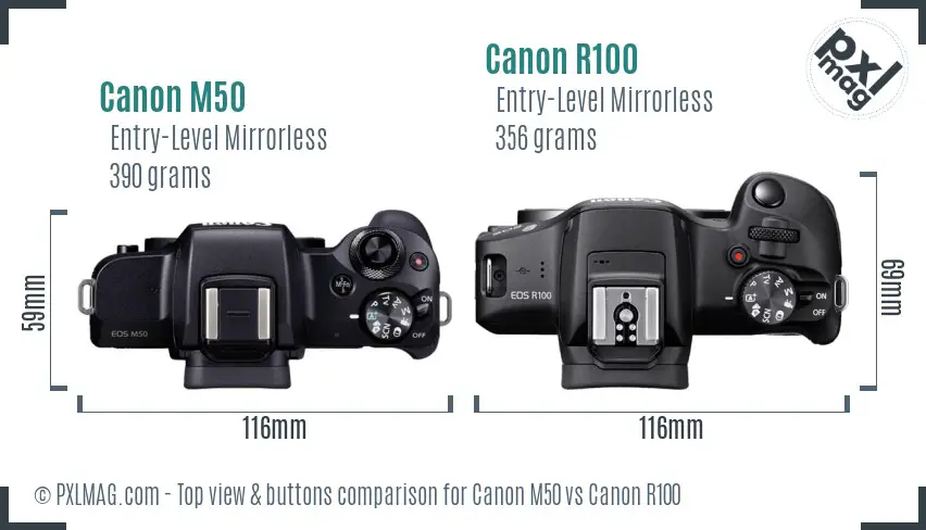 Canon M50 vs Canon R100 top view buttons comparison