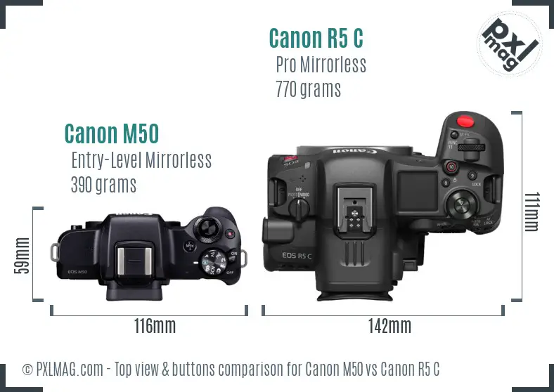 Canon M50 vs Canon R5 C top view buttons comparison