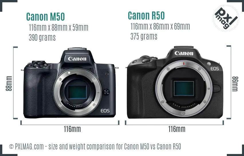 Canon M50 vs Canon R50 size comparison