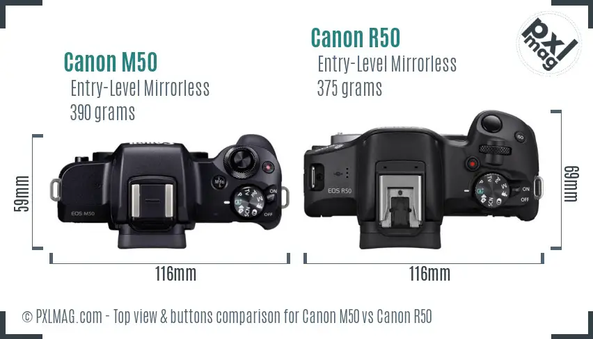 Canon M50 vs Canon R50 top view buttons comparison