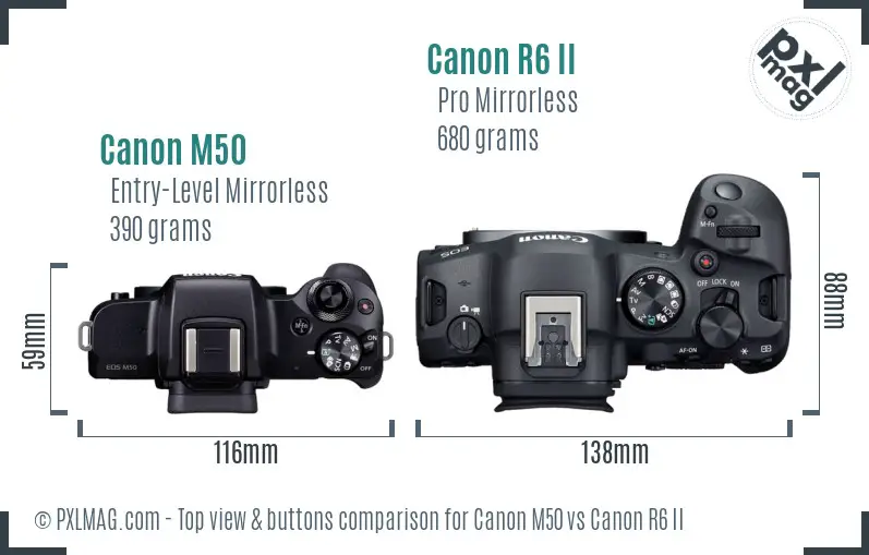 Canon M50 vs Canon R6 II top view buttons comparison