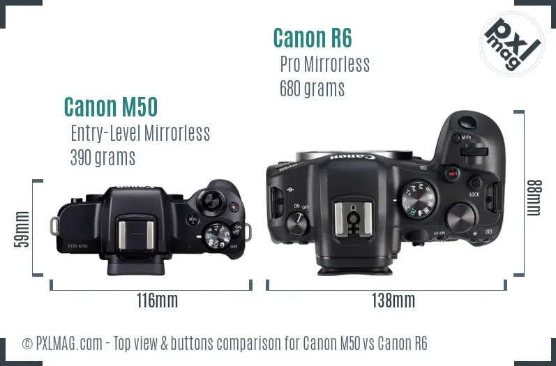 Canon M50 vs Canon R6 top view buttons comparison Canon M50 vs Canon R6 top view buttons comparison