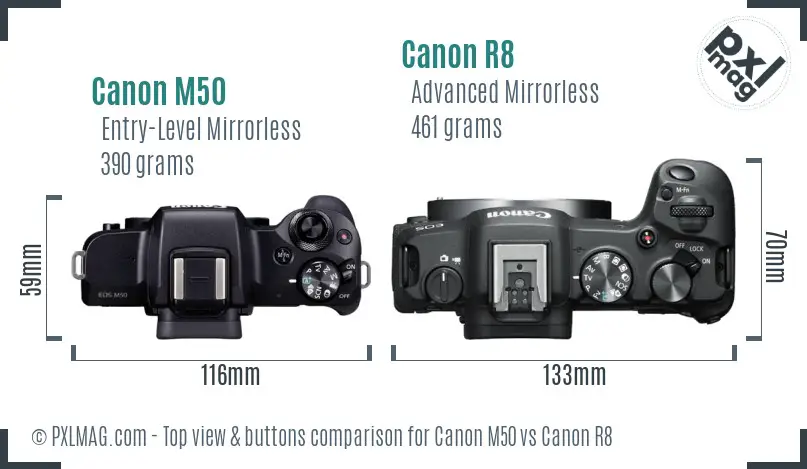 Canon M50 vs Canon R8 top view buttons comparison