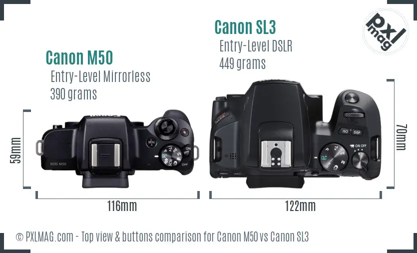 Canon M50 vs Canon SL3 top view buttons comparison Canon M50 vs Canon SL3 top view buttons comparison