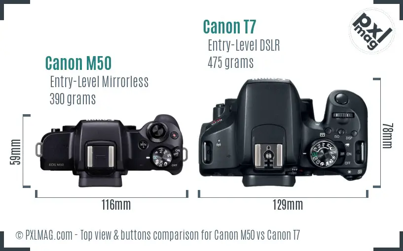 Canon M50 vs Canon T7 top view buttons comparison