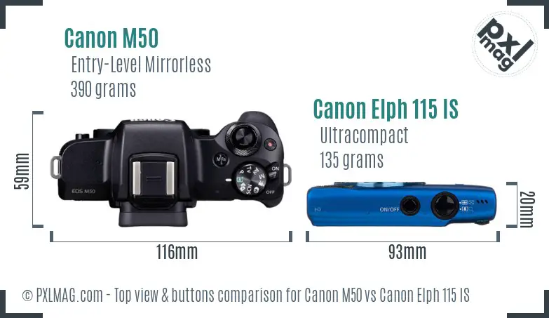 Canon M50 vs Canon Elph 115 IS top view buttons comparison Canon M50 vs Canon Elph 115 IS top view buttons comparison