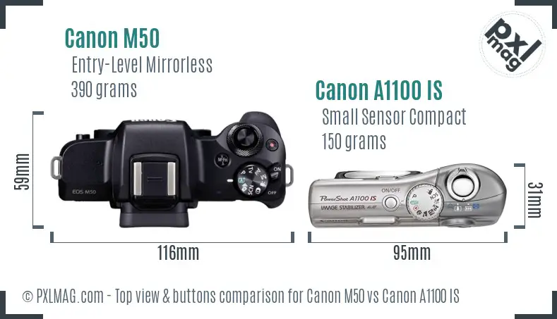 Canon M50 vs Canon A1100 IS top view buttons comparison
