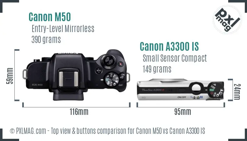 Canon M50 vs Canon A3300 IS top view buttons comparison