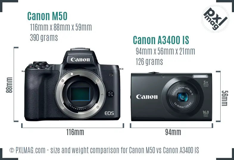 Canon M50 vs Canon A3400 IS size comparison