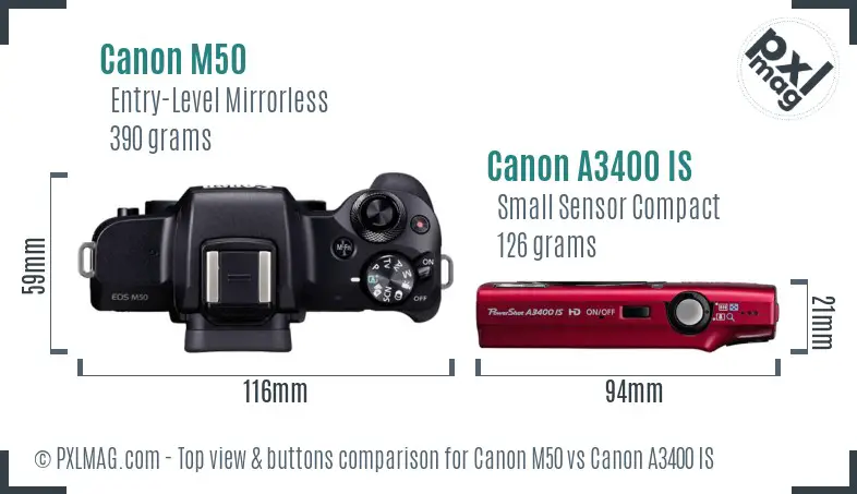 Canon M50 vs Canon A3400 IS top view buttons comparison