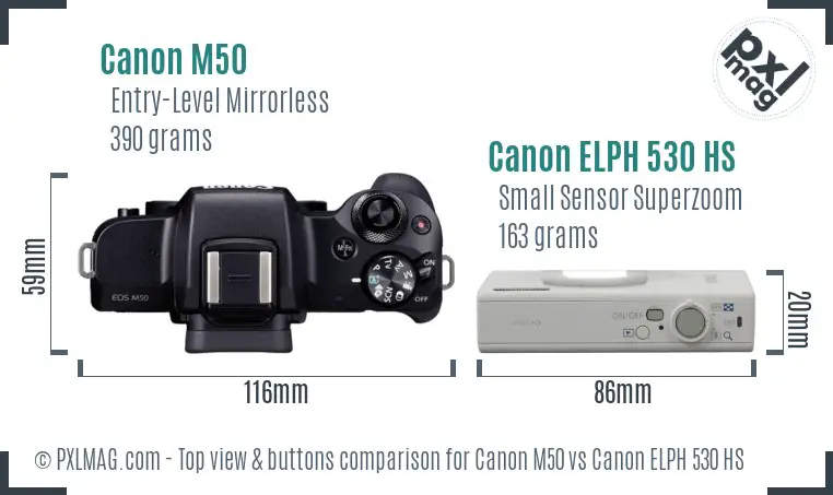 Canon M50 vs Canon ELPH 530 HS top view buttons comparison