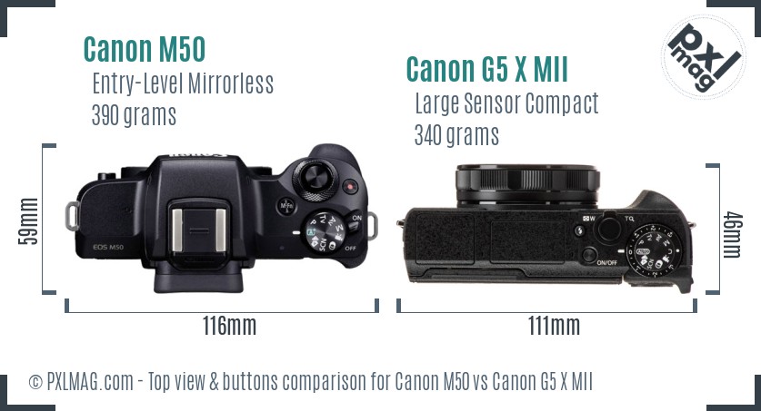 Canon M50 vs Canon G5 X MII top view buttons comparison