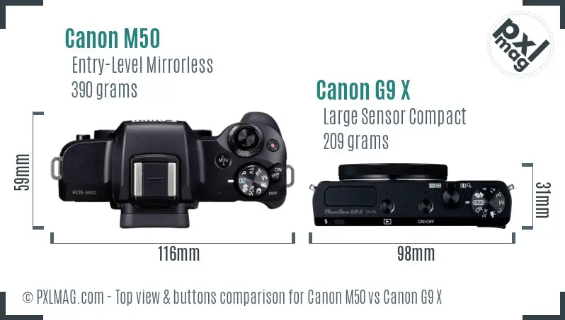 Canon M50 vs Canon G9 X top view buttons comparison Canon M50 vs Canon G9 X top view buttons comparison
