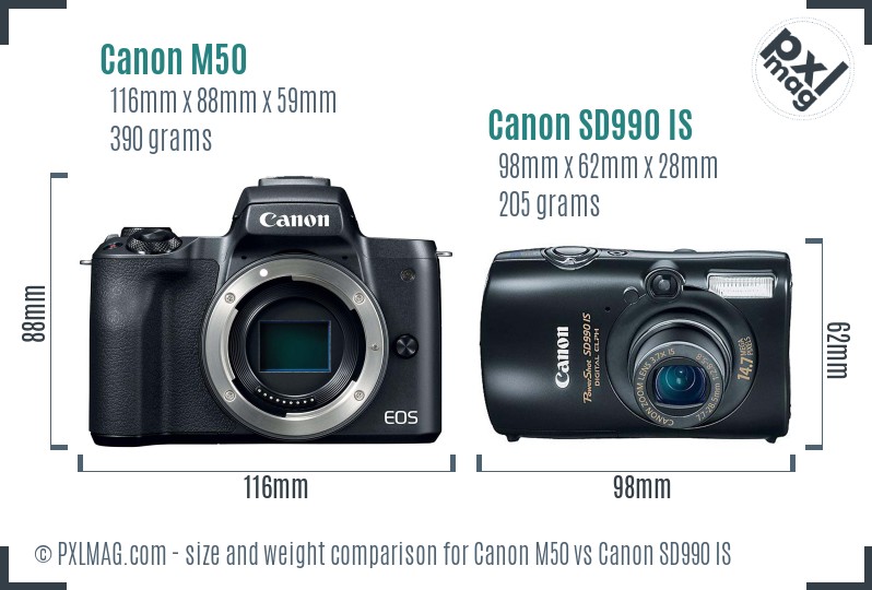Canon M50 vs Canon SD990 IS size comparison