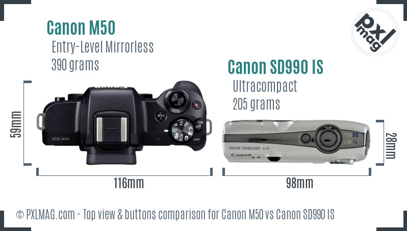 Canon M50 vs Canon SD990 IS top view buttons comparison