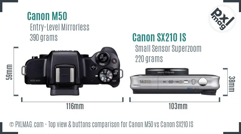 Canon M50 vs Canon SX210 IS top view buttons comparison