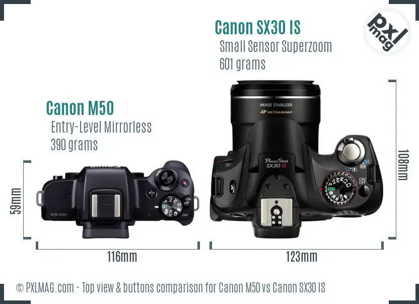 Canon M50 vs Canon SX30 IS top view buttons comparison