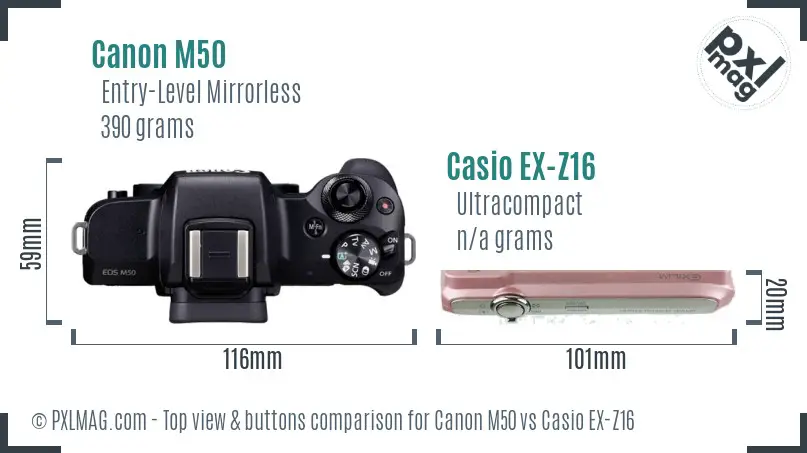 Canon M50 vs Casio EX-Z16 top view buttons comparison