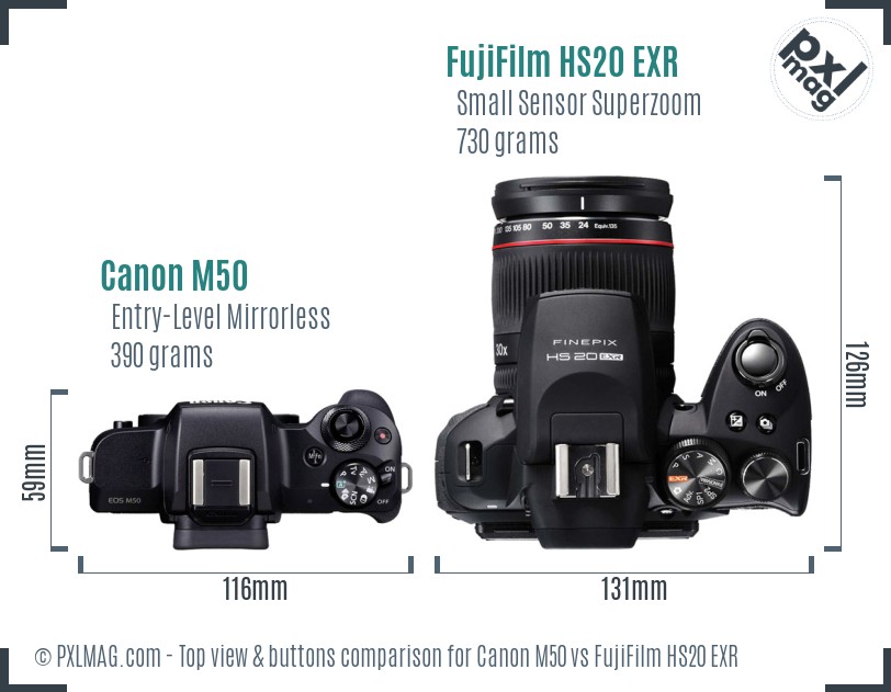 Canon M50 vs FujiFilm HS20 EXR top view buttons comparison