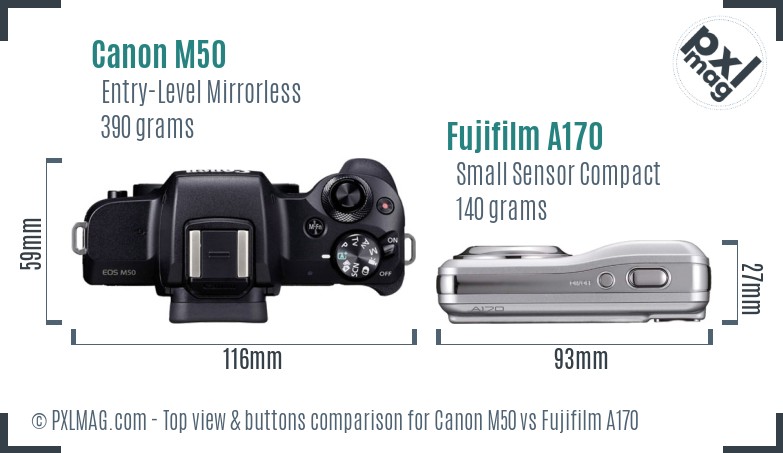 Canon M50 vs Fujifilm A170 top view buttons comparison