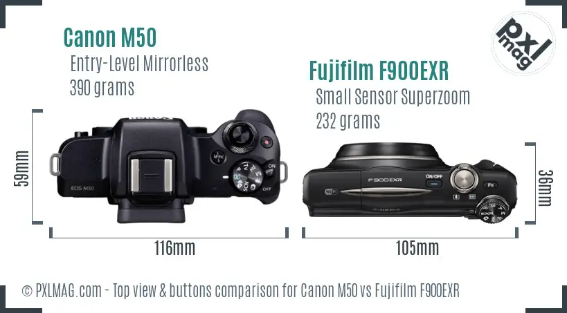 Canon M50 vs Fujifilm F900EXR top view buttons comparison
