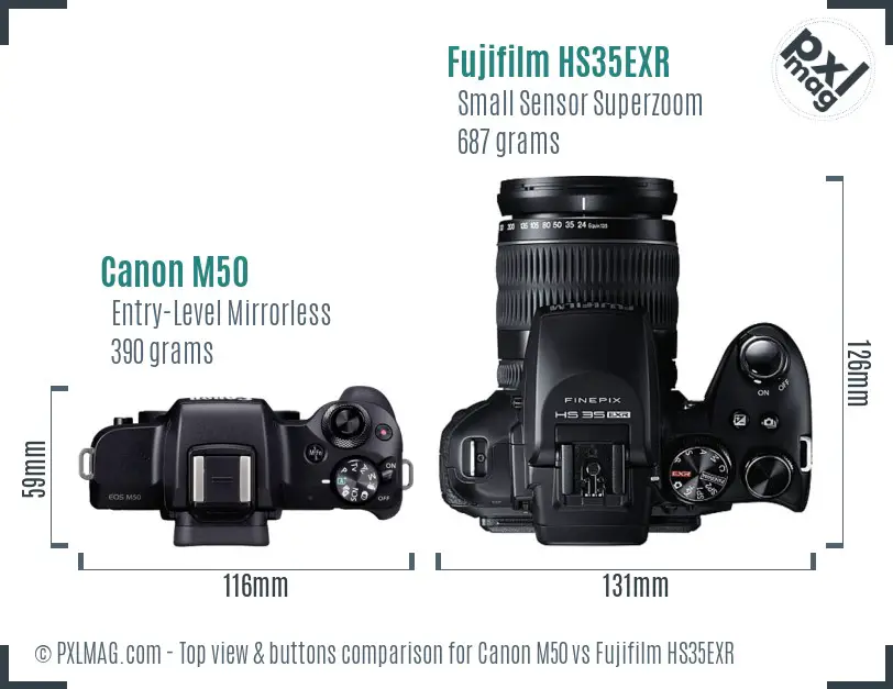 Canon M50 vs Fujifilm HS35EXR top view buttons comparison