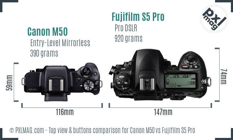 Canon M50 vs Fujifilm S5 Pro top view buttons comparison