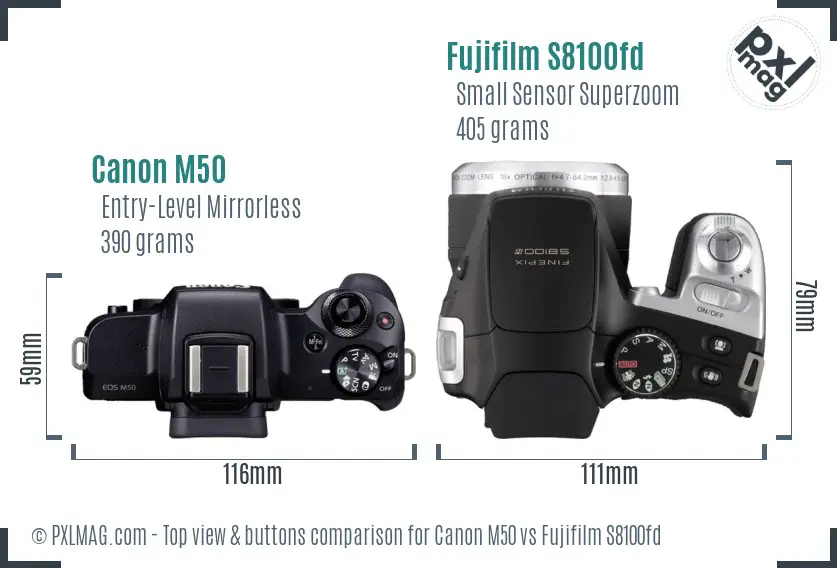 Canon M50 vs Fujifilm S8100fd top view buttons comparison Canon M50 vs Fujifilm S8100fd top view buttons comparison