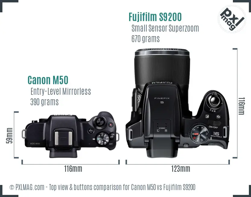 Canon M50 vs Fujifilm S9200 top view buttons comparison