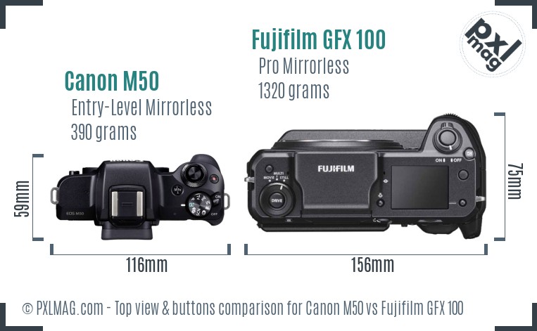 Canon M50 vs Fujifilm GFX 100 top view buttons comparison