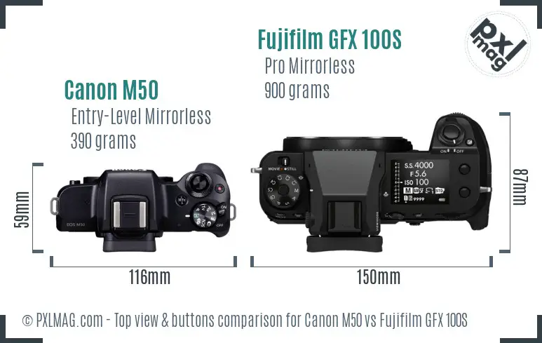 Canon M50 vs Fujifilm GFX 100S top view buttons comparison