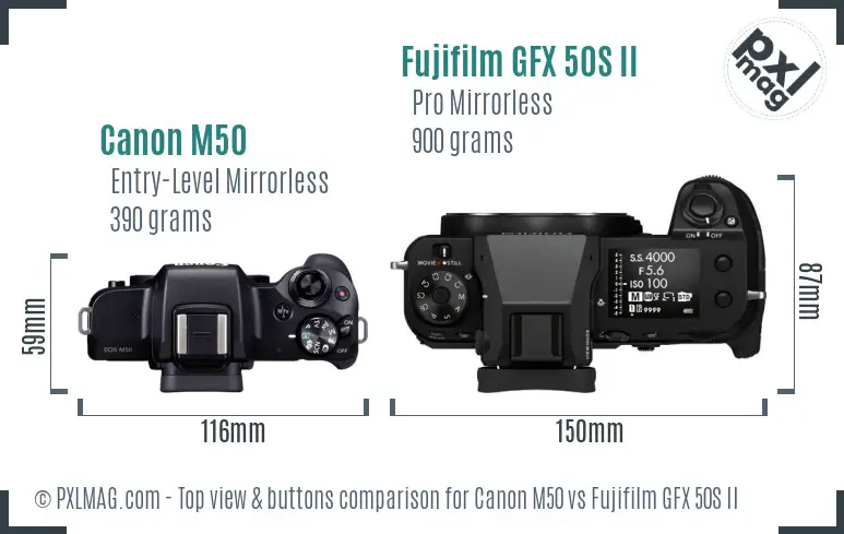 Canon M50 vs Fujifilm GFX 50S II top view buttons comparison