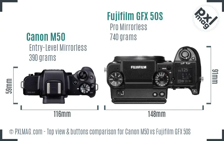 Canon M50 vs Fujifilm GFX 50S top view buttons comparison