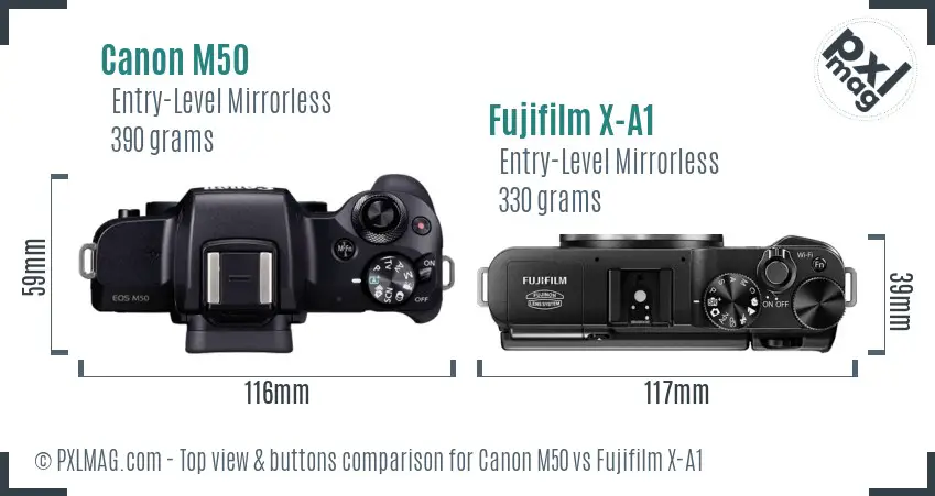 Canon M50 vs Fujifilm X-A1 top view buttons comparison