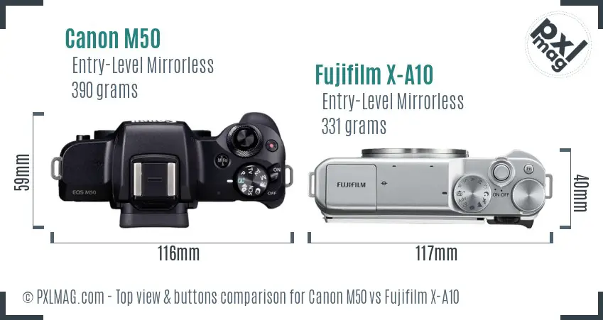 Canon M50 vs Fujifilm X-A10 top view buttons comparison Canon M50 vs Fujifilm X-A10 top view buttons comparison