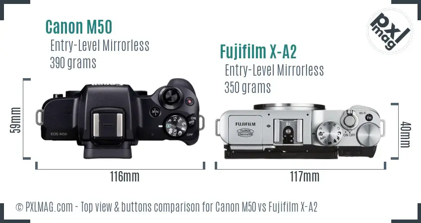 Canon M50 vs Fujifilm X-A2 top view buttons comparison