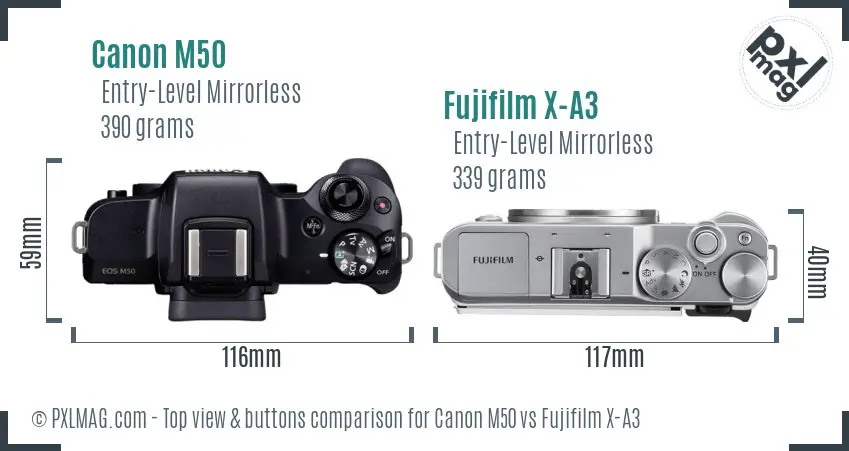 Canon M50 vs Fujifilm X-A3 top view buttons comparison