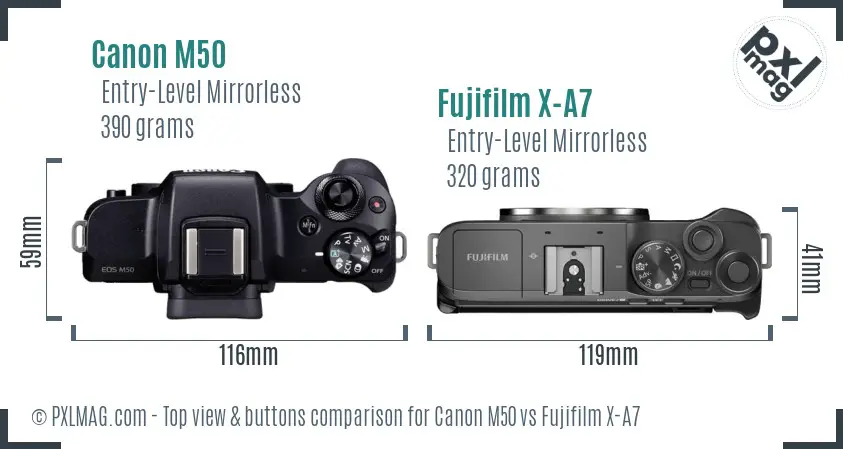 Canon M50 vs Fujifilm X-A7 top view buttons comparison