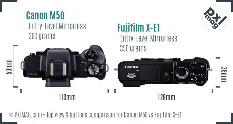 Canon M50 vs Fujifilm X-E1 top view buttons comparison