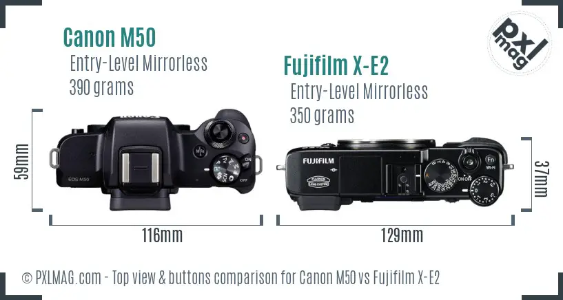 Canon M50 vs Fujifilm X-E2 top view buttons comparison