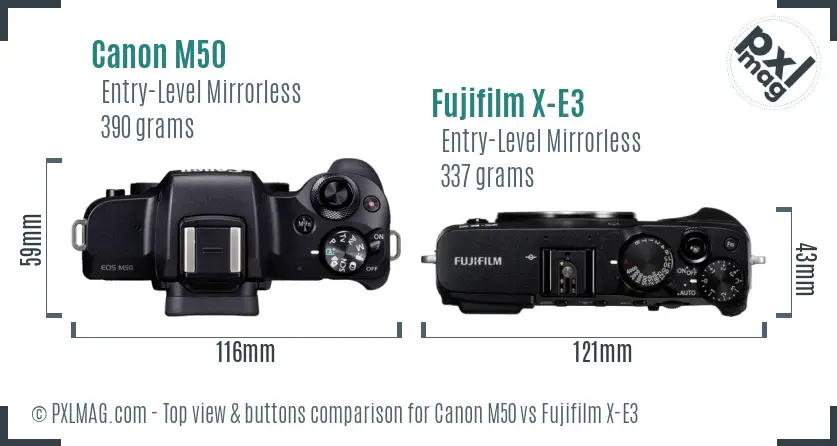 Canon M50 vs Fujifilm X-E3 top view buttons comparison