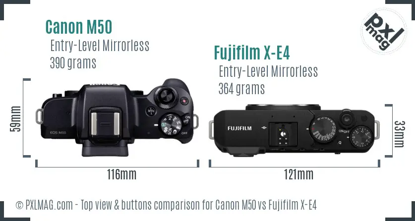 Canon M50 vs Fujifilm X-E4 top view buttons comparison
